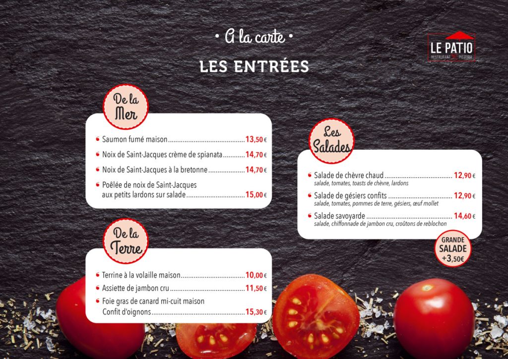 Menu Le Patio, les entrées