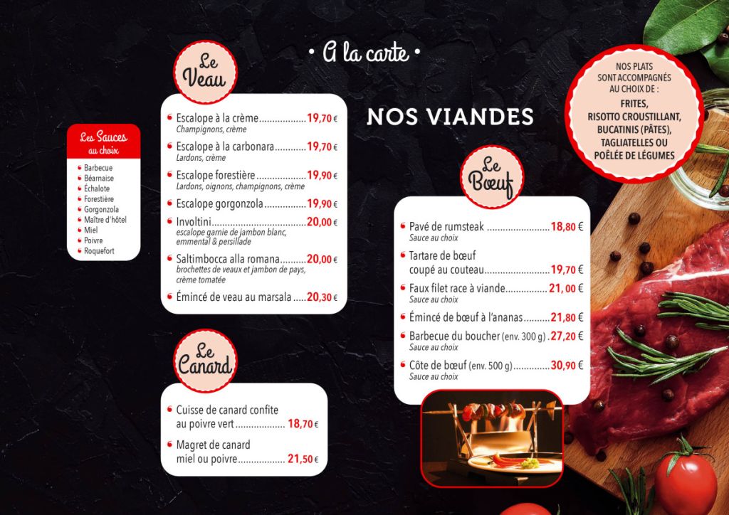Menu le patio, les viandes, tarif au 07-03-2023